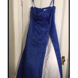 Strapless royal blue gown with floral embroidery